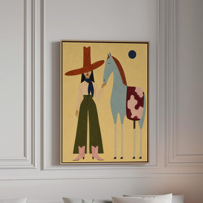 Cowgirl in a red hat standing beside a pale blue spotted horse on warm yellow, canvas print in a bright room with natural daylight