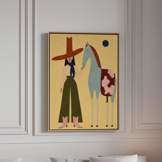 Cowgirl in a red hat standing beside a pale blue spotted horse on warm yellow, canvas print in a bright room with natural daylight
