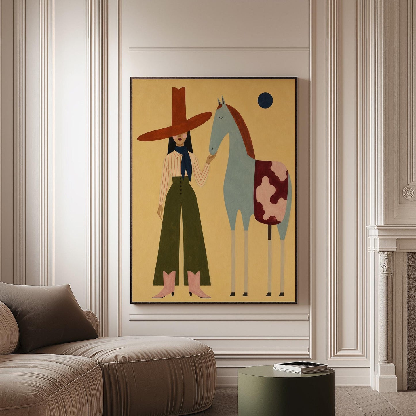 Cowgirl in a red hat standing beside a pale blue spotted horse on warm yellow, canvas print on a softly lit wall in a calm interior