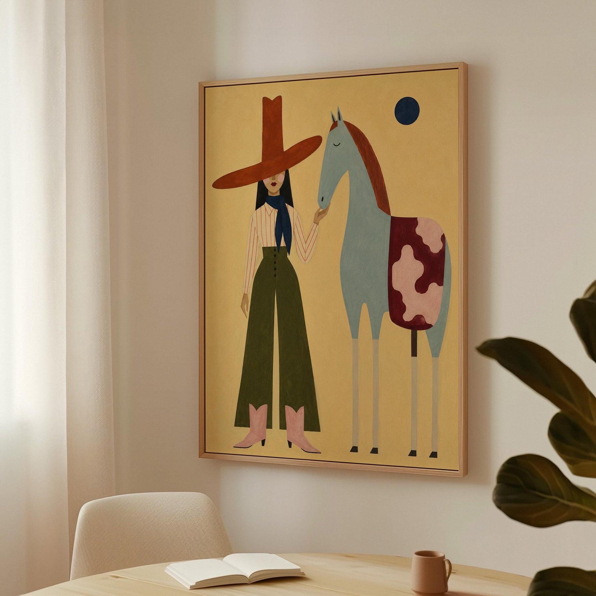 Cowgirl in a red hat standing beside a pale blue spotted horse on warm yellow, canvas print styled against a soft white wall
