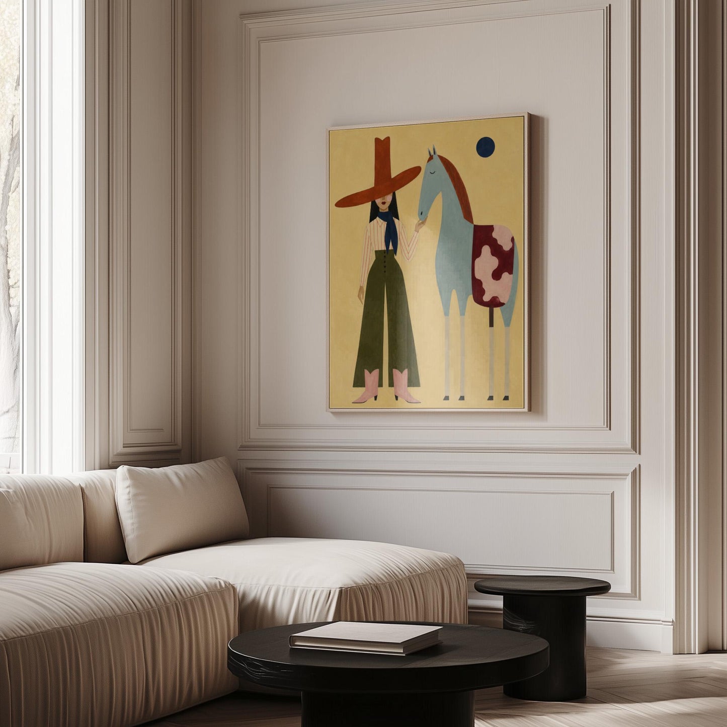 Cowgirl in a red hat standing beside a pale blue spotted horse on warm yellow, canvas print shown to scale in a furnished room