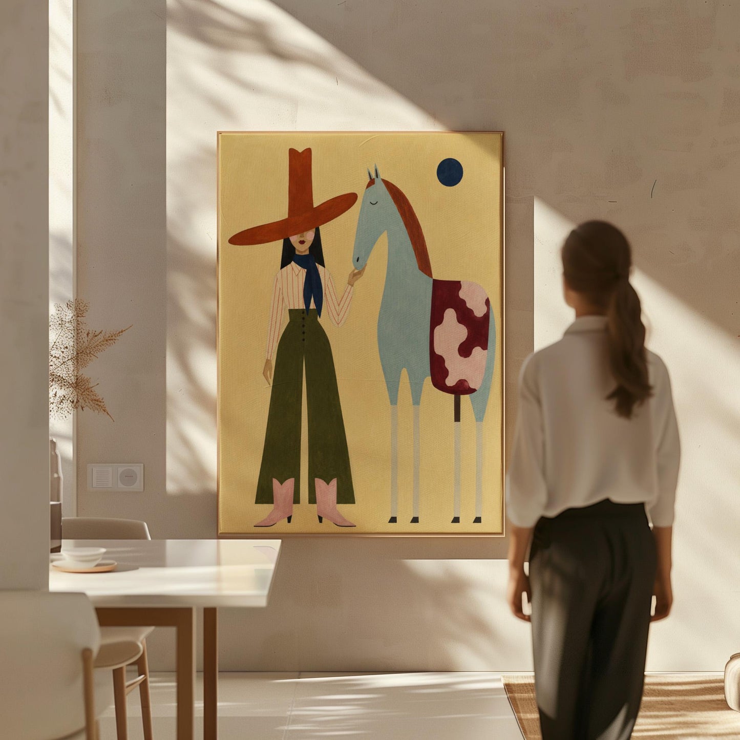 Cowgirl in a red hat standing beside a pale blue spotted horse on warm yellow, canvas print shown in a sunlit, contemporary room
