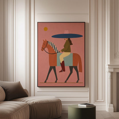 Woman in a wide navy hat riding a chestnut horse in profile on coral pink, canvas print on a softly lit wall in a calm interior