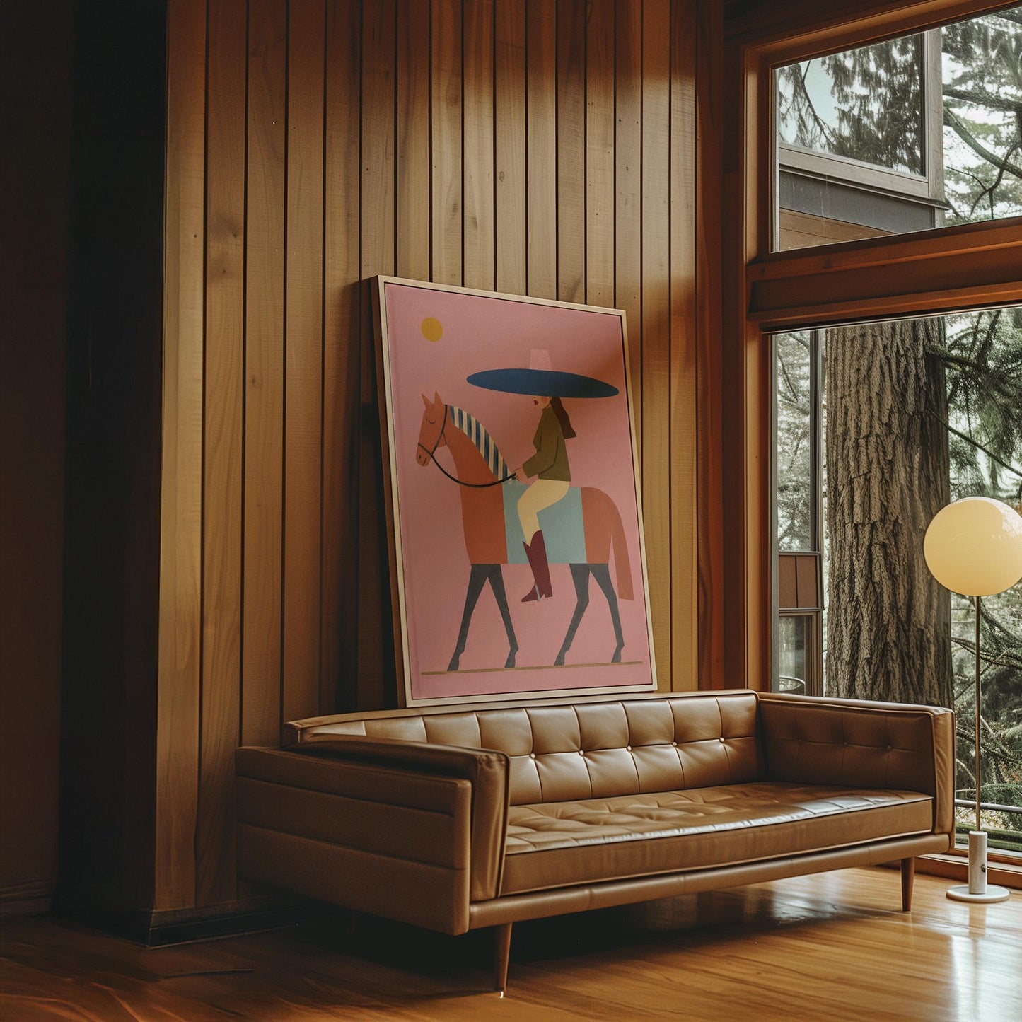 Woman in a wide navy hat riding a chestnut horse in profile on coral pink, canvas wall art seen in a warm interior with natural light