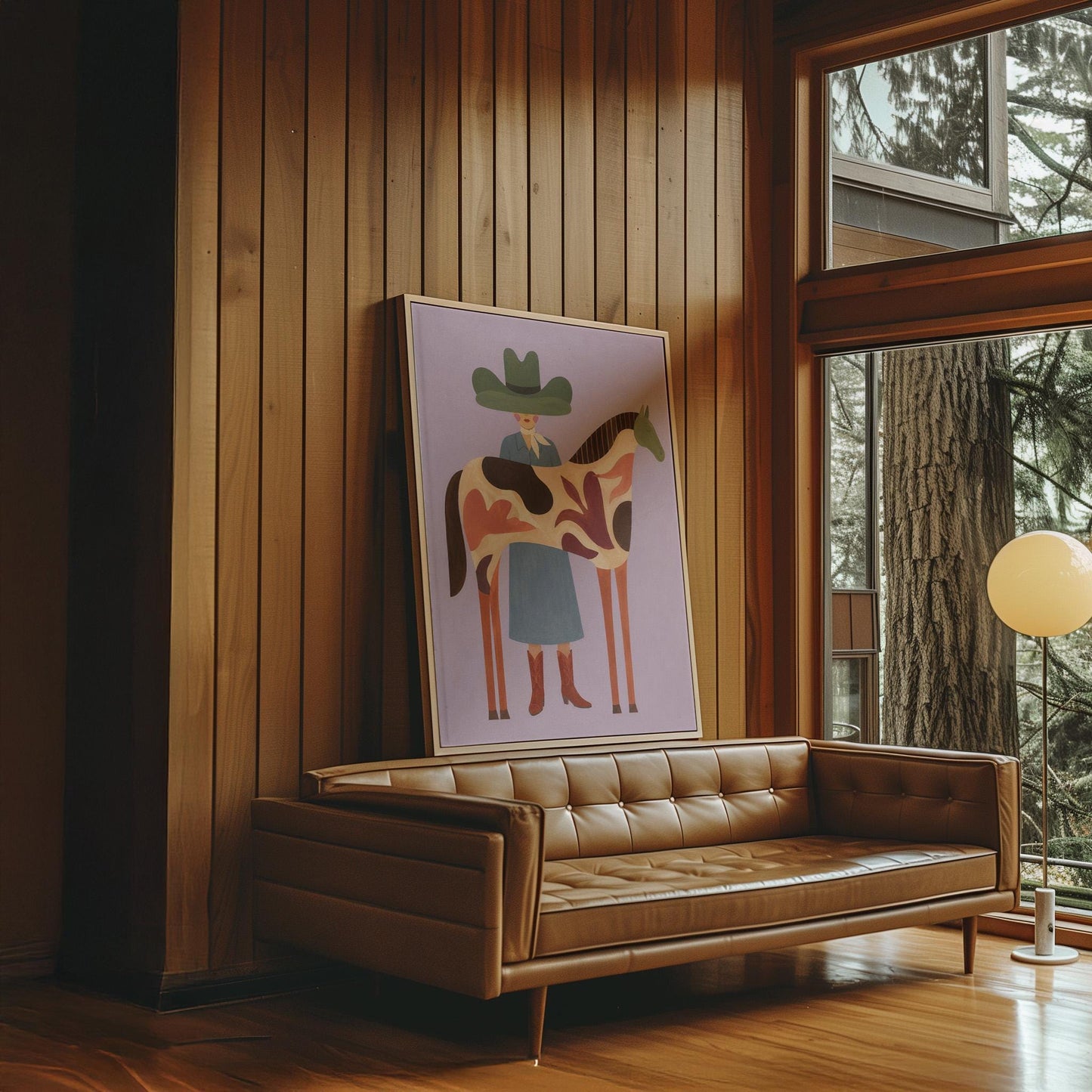 Cowgirl in a green hat beside a tall patterned horse on soft lilac, canvas print hanging in a calm, modern living space