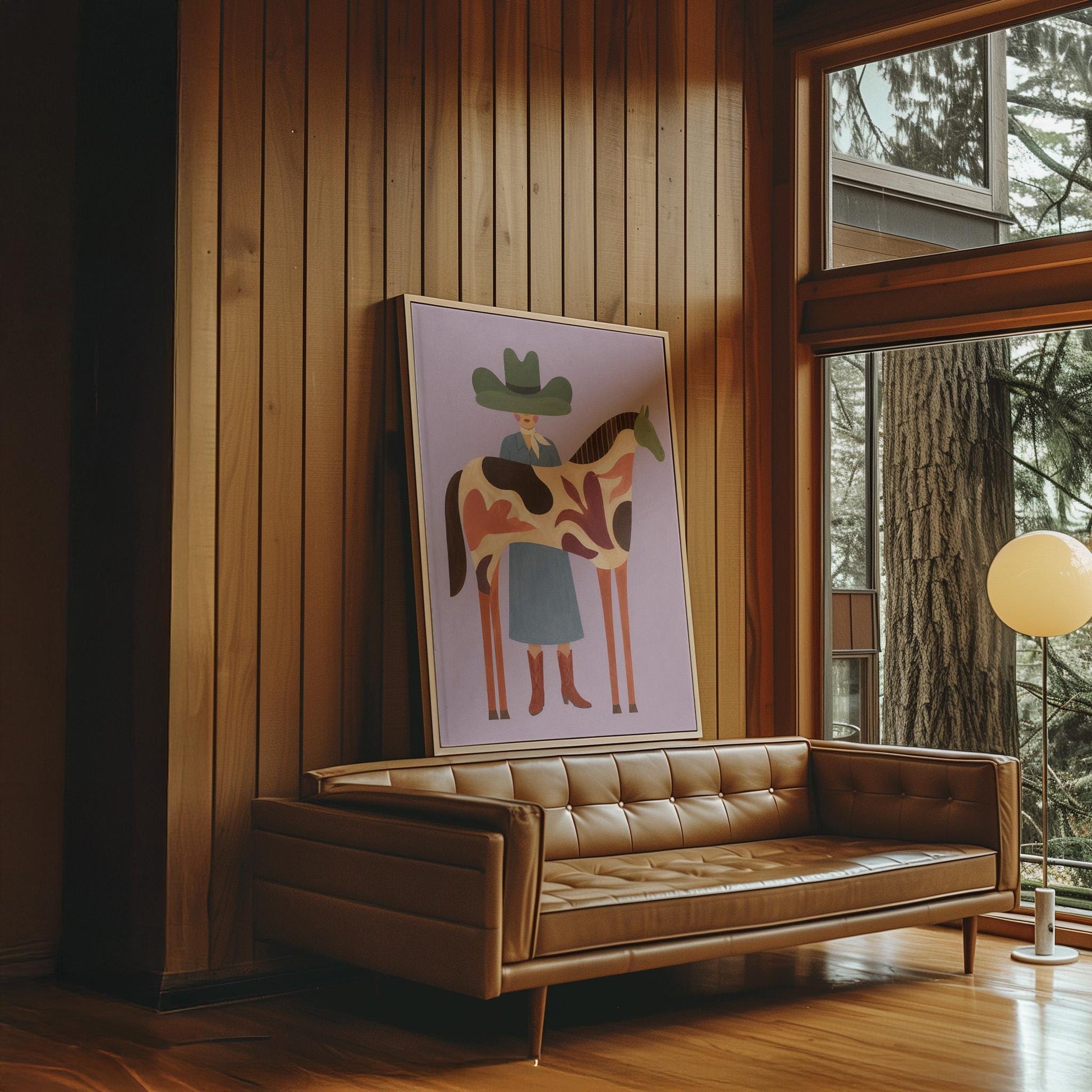 Cowgirl in a green hat beside a tall patterned horse on soft lilac, canvas print hanging in a calm, modern living space