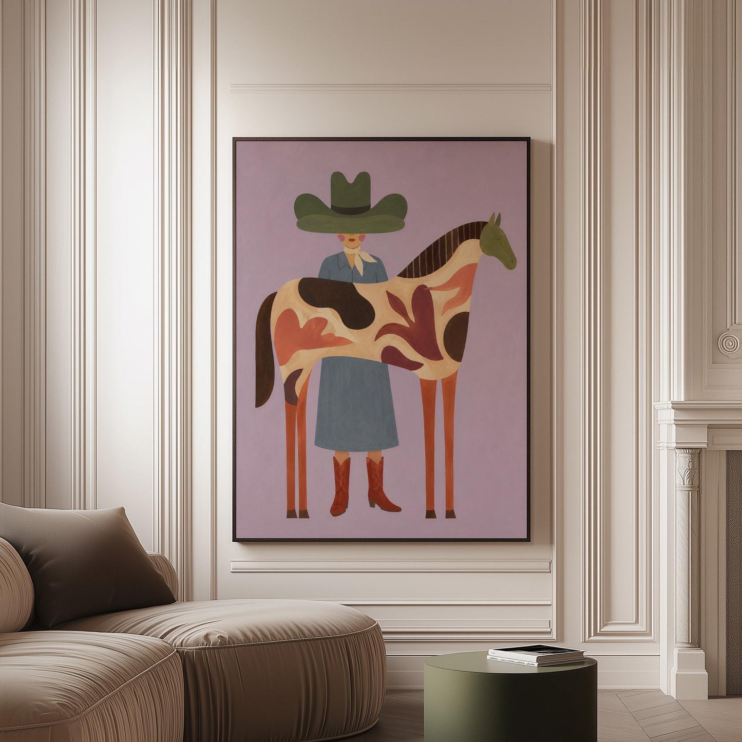 Cowgirl in a green hat beside a tall patterned horse on soft lilac, canvas print on a softly lit wall in a calm interior