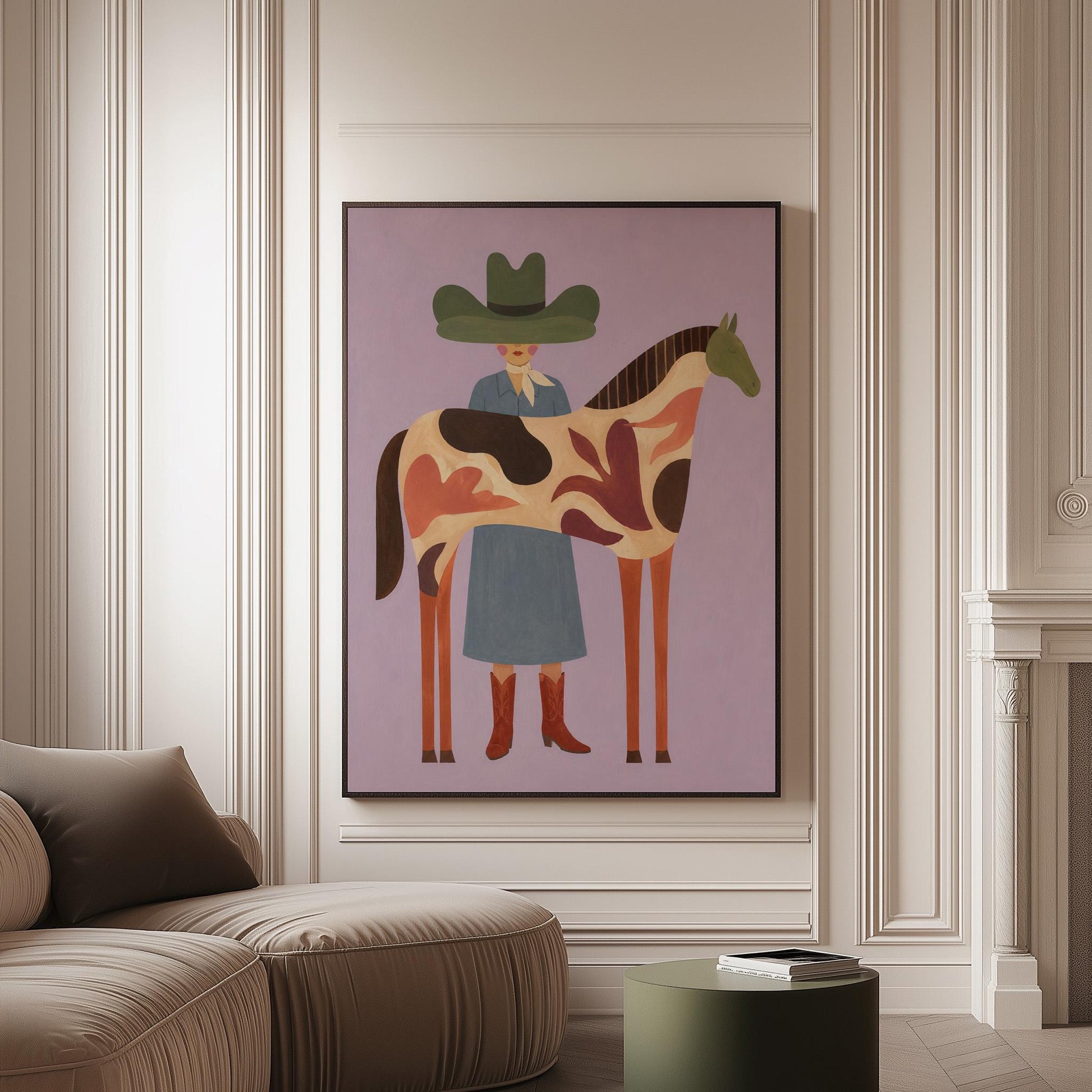Cowgirl in a green hat beside a tall patterned horse on soft lilac, canvas print on a softly lit wall in a calm interior