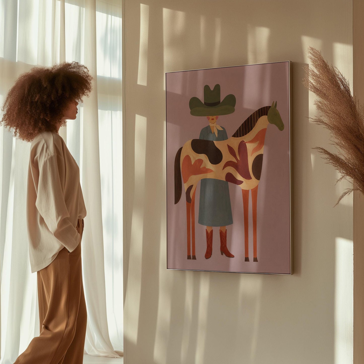 Cowgirl in a green hat beside a tall patterned horse on soft lilac, canvas print shown in a sunlit, contemporary room