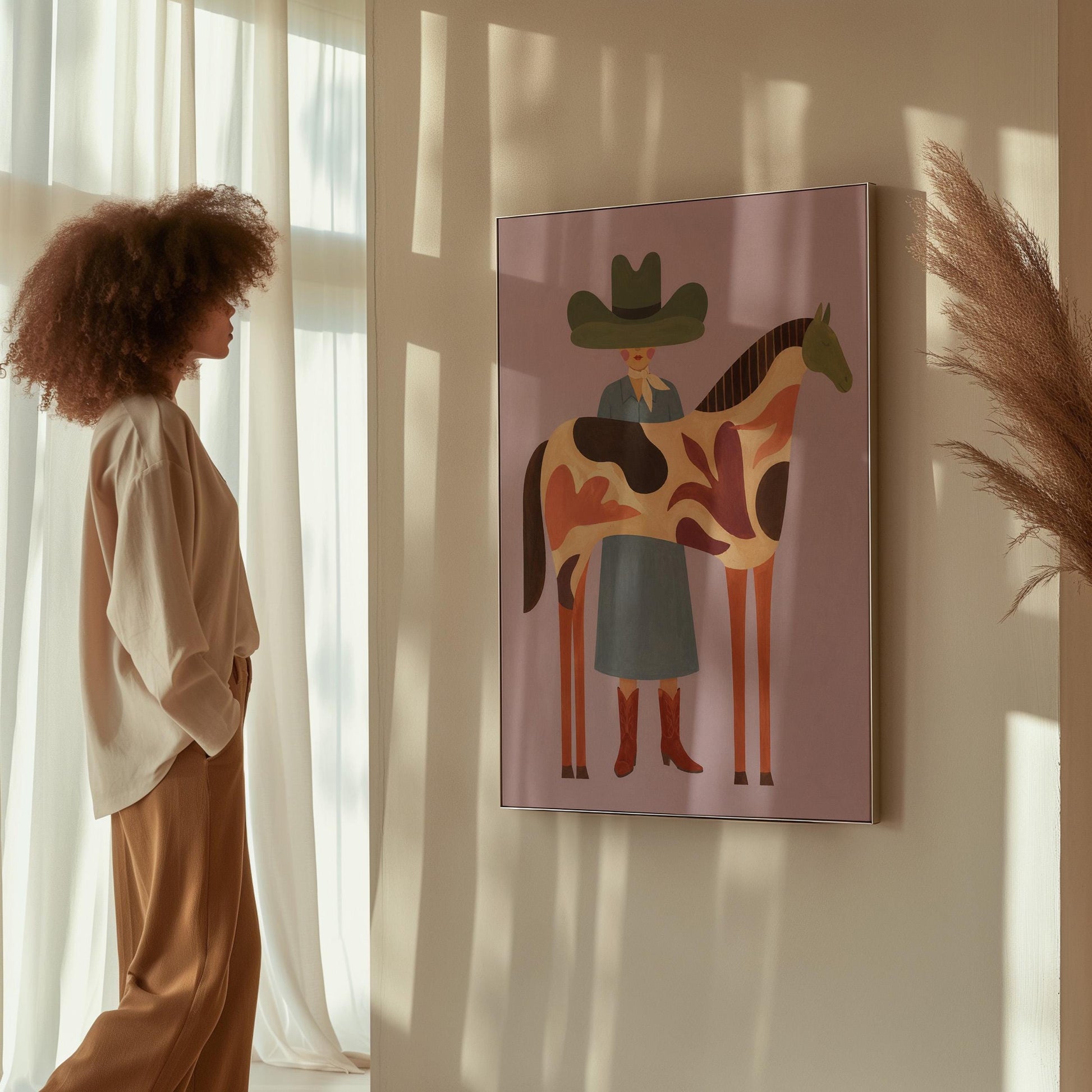 Cowgirl in a green hat beside a tall patterned horse on soft lilac, canvas print shown in a sunlit, contemporary room