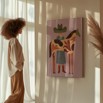 Cowgirl in a green hat beside a tall patterned horse on soft lilac, canvas print shown in a sunlit, contemporary room