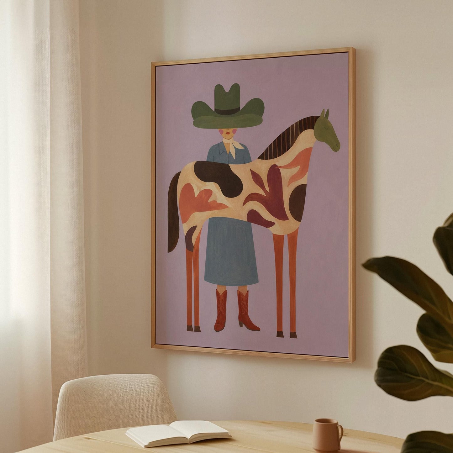 Cowgirl in a green hat beside a tall patterned horse on soft lilac, canvas wall art on a quiet wall in a considered interior