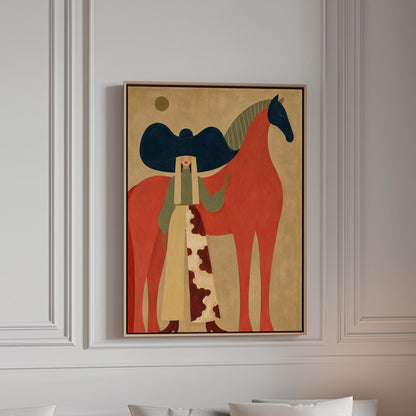 Woman in a big navy hat standing before a bright red horse on warm ochre, canvas print in a bright room with natural daylight