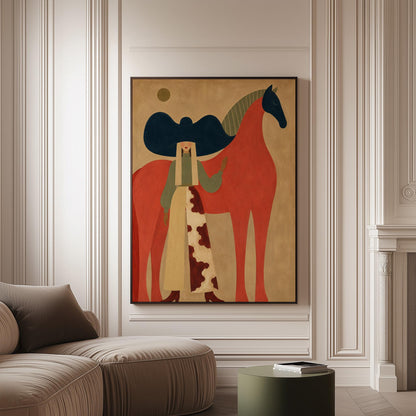 Woman in a big navy hat standing before a bright red horse on warm ochre, canvas print on a softly lit wall in a calm interior