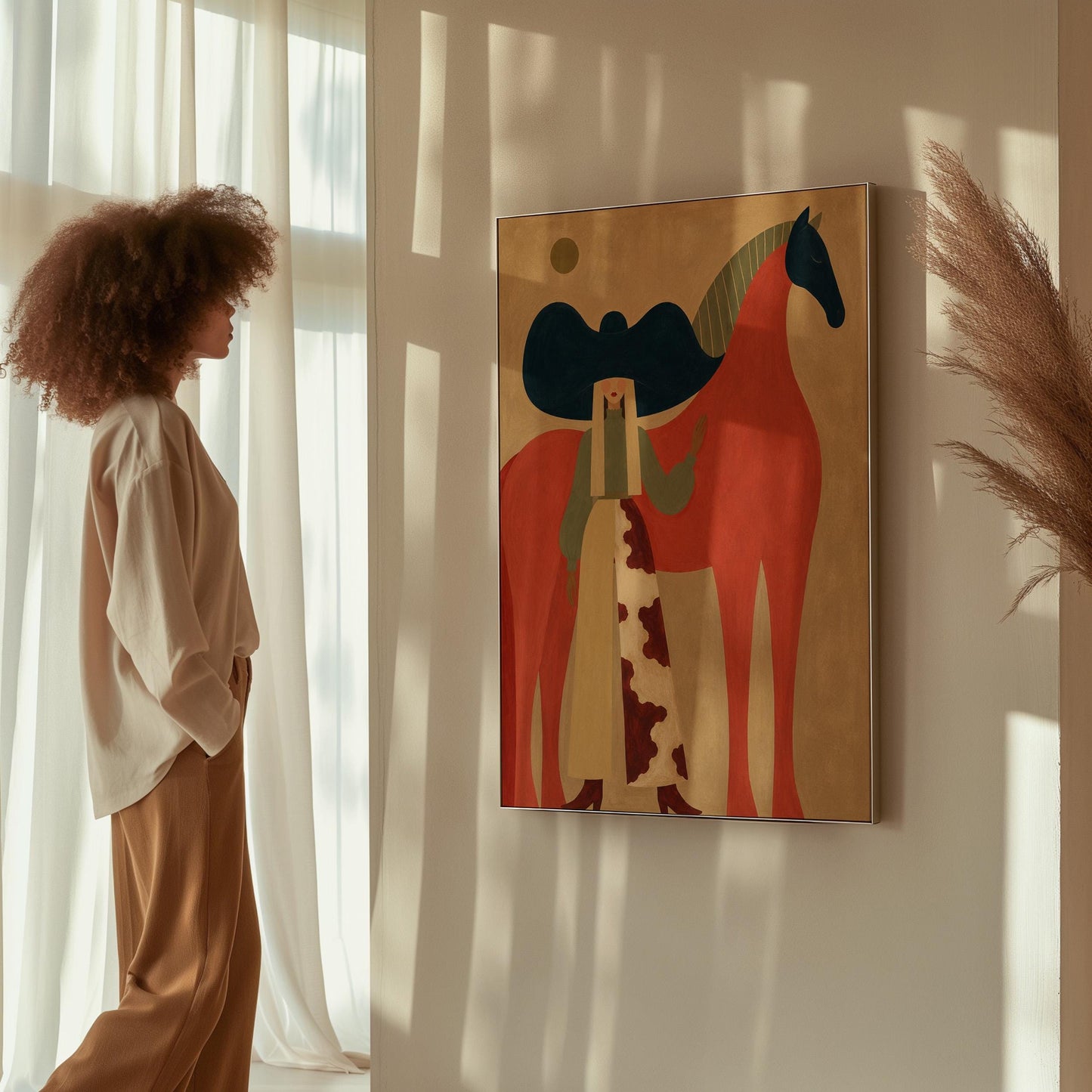 Woman in a big navy hat standing before a bright red horse on warm ochre, canvas print styled against a soft white wall
