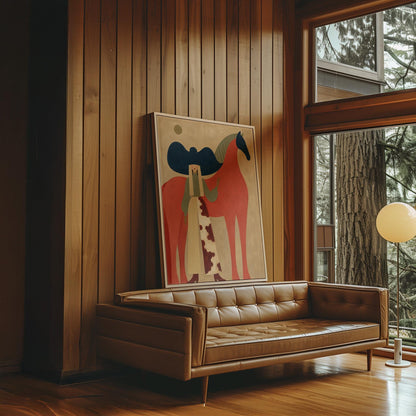 Woman in a big navy hat standing before a bright red horse on warm ochre, canvas print displayed on a neutral wall in a styled interior