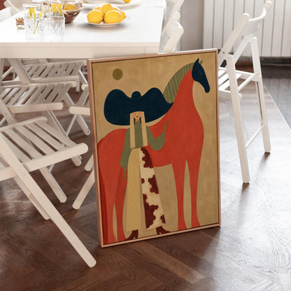 Woman in a big navy hat standing before a bright red horse on warm ochre, canvas wall art styled against a soft white wall