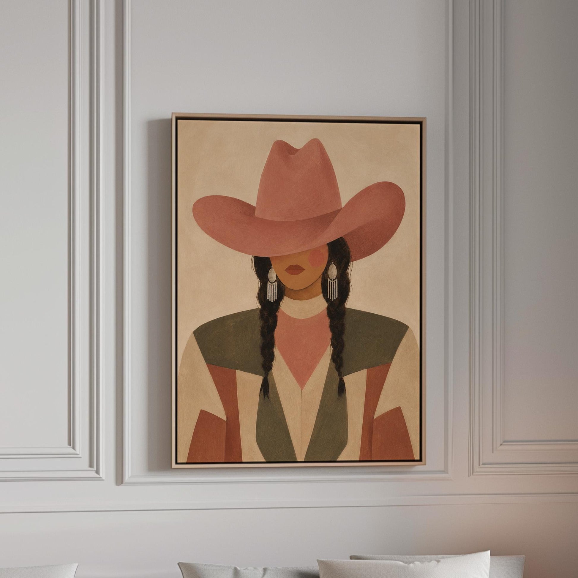 Cowgirl with dark braids under a wide terracotta hat and earthy western jacket, canvas print in a bright room with natural daylight