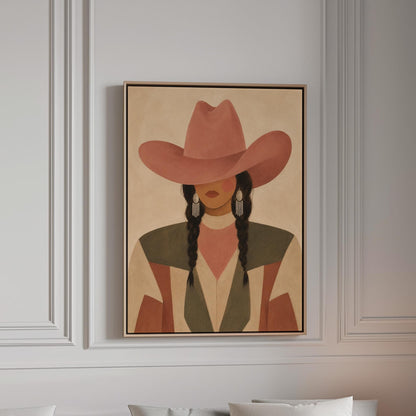 Cowgirl with dark braids under a wide terracotta hat and earthy western jacket, canvas print in a bright room with natural daylight