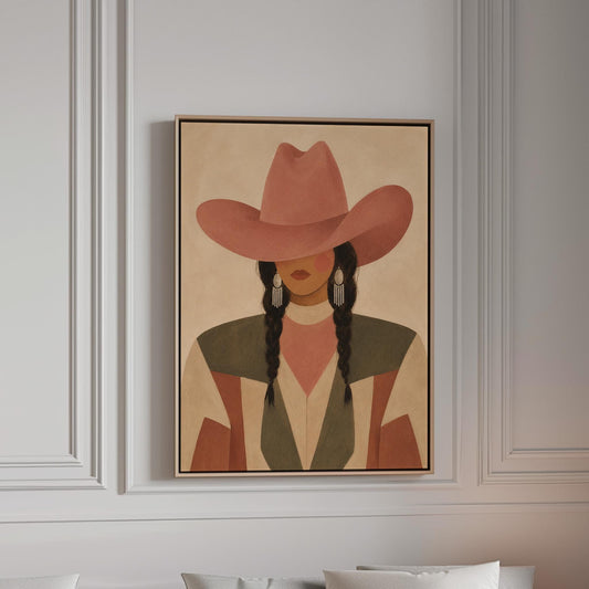 Cowgirl with dark braids under a wide terracotta hat and earthy western jacket, canvas print in a bright room with natural daylight