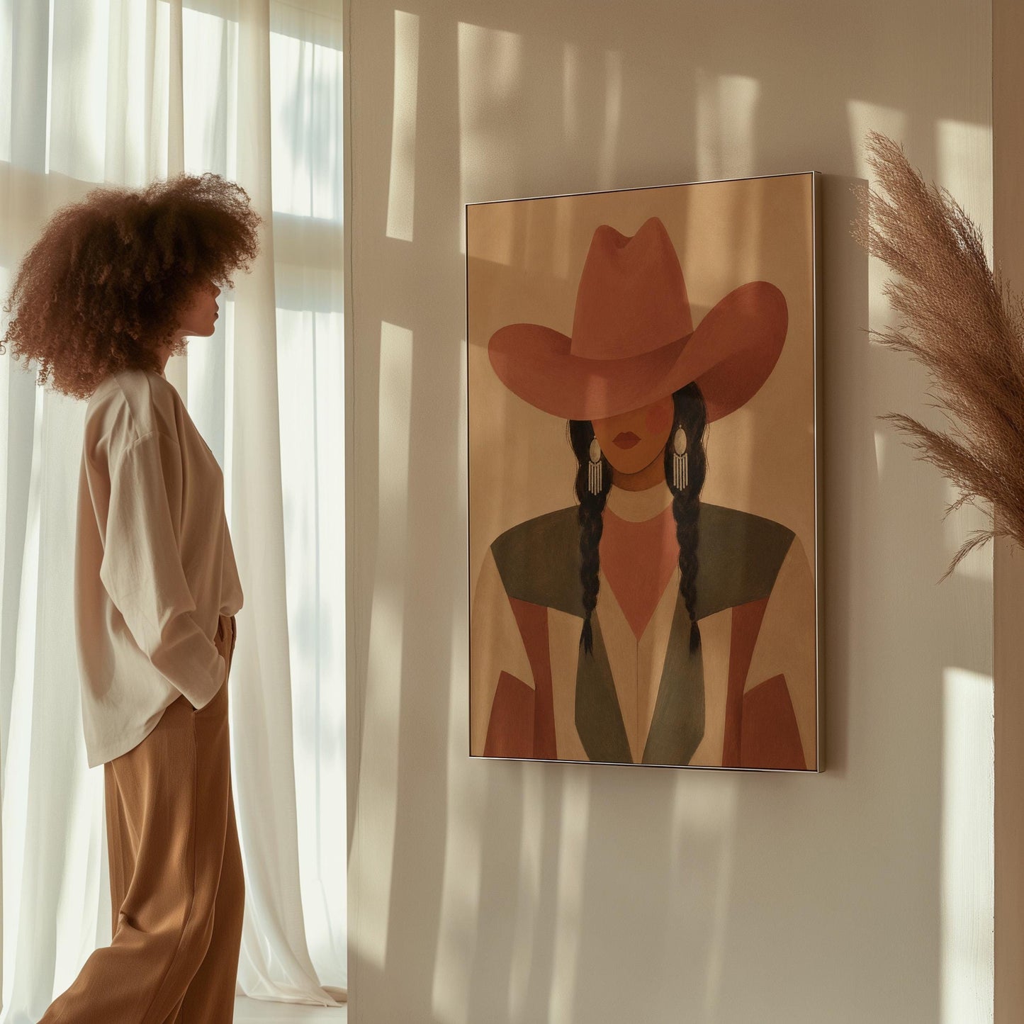 Cowgirl with dark braids under a wide terracotta hat and earthy western jacket, canvas print shown in a sunlit, contemporary room