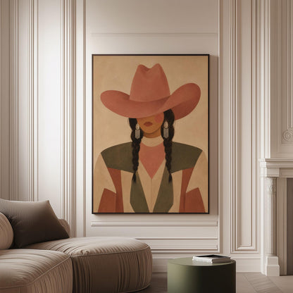 Cowgirl with dark braids under a wide terracotta hat and earthy western jacket, canvas print on a softly lit wall in a calm interior