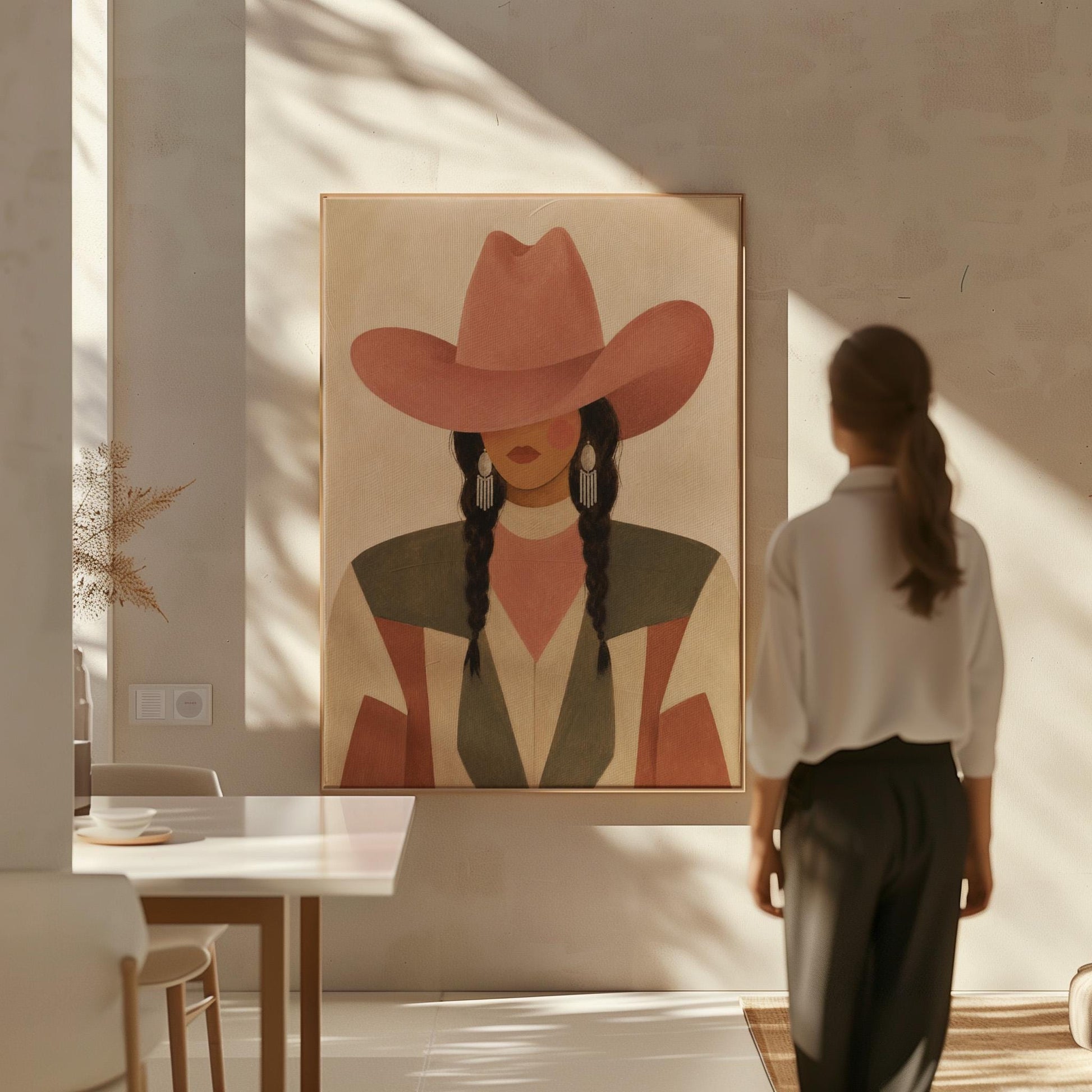 Cowgirl with dark braids under a wide terracotta hat and earthy western jacket, canvas wall art on a quiet wall in a considered interior