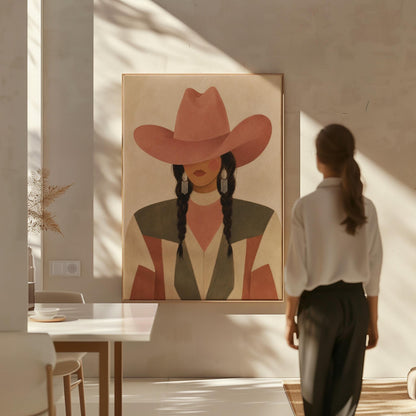 Cowgirl with dark braids under a wide terracotta hat and earthy western jacket, canvas wall art on a quiet wall in a considered interior