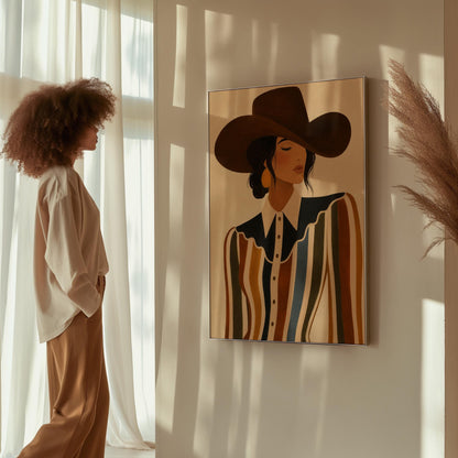 Cowgirl in a brown hat and rippling striped blouse with a black collar on cream, canvas print styled against a soft white wall