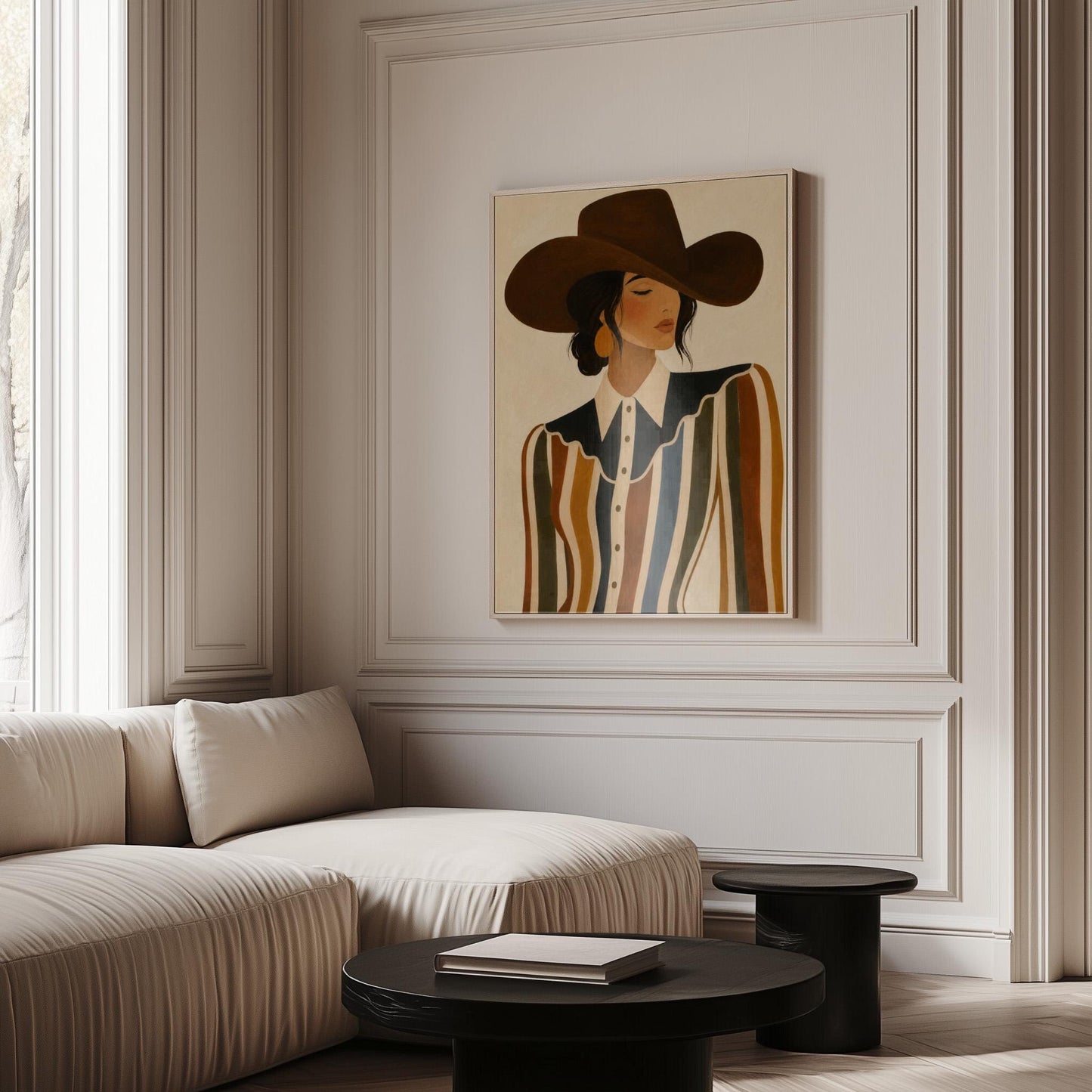 Cowgirl in a brown hat and rippling striped blouse with a black collar on cream, canvas print presented in a light, minimal room
