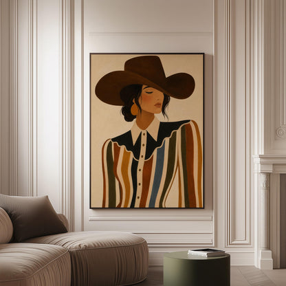 Cowgirl in a brown hat and rippling striped blouse with a black collar on cream, canvas print on a softly lit wall in a calm interior