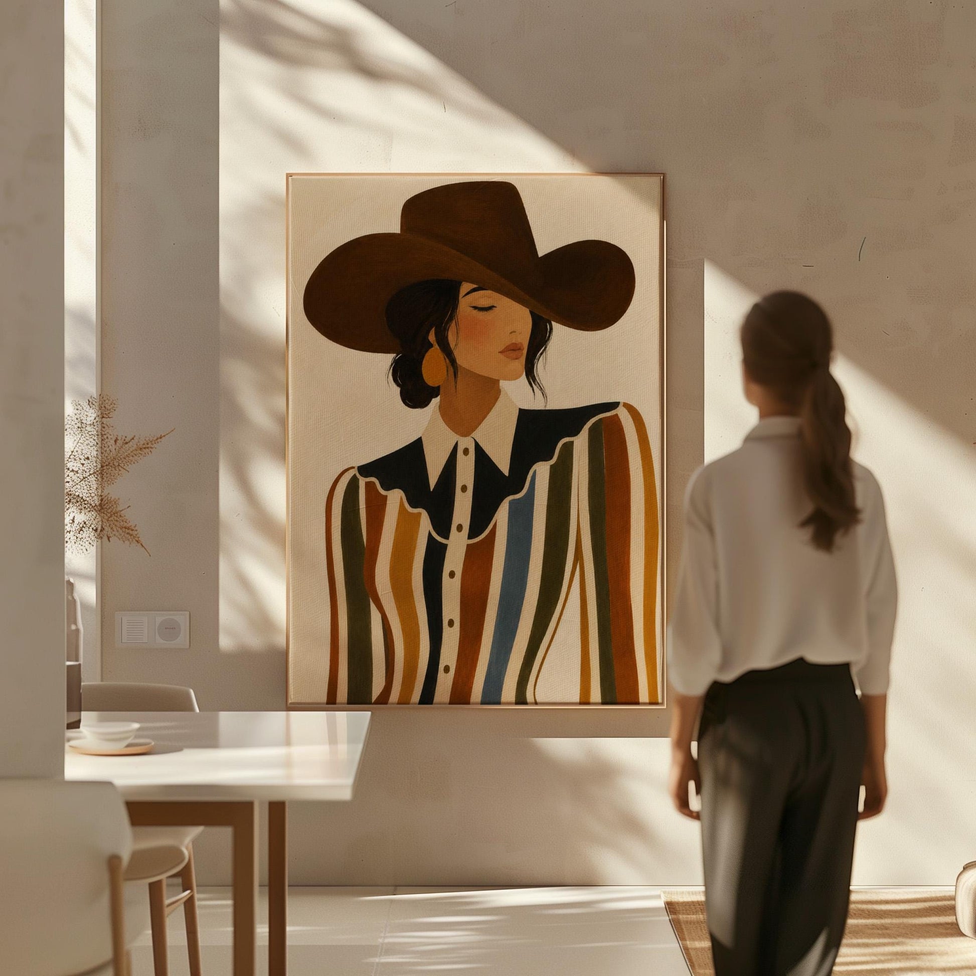 Cowgirl in a brown hat and rippling striped blouse with a black collar on cream, canvas print shown to scale in a furnished room
