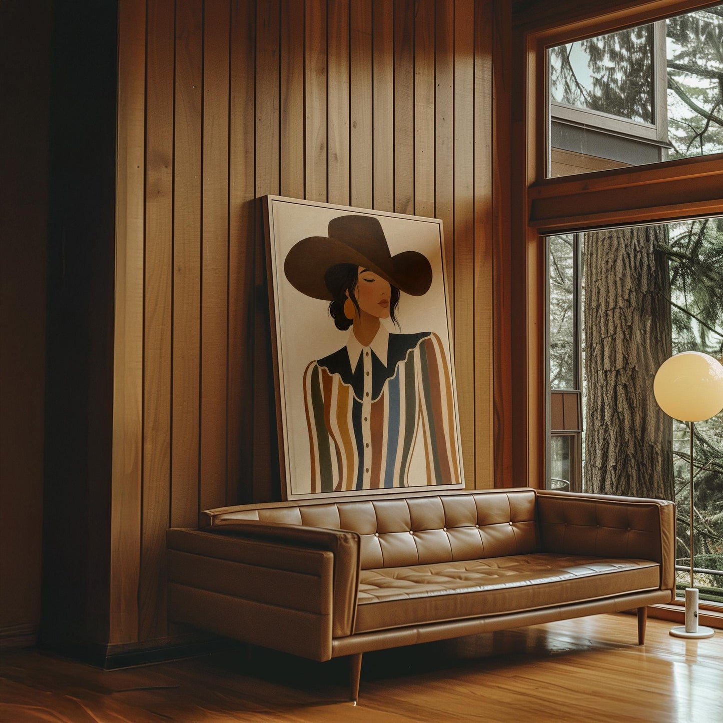 Cowgirl in a brown hat and rippling striped blouse with a black collar on cream, canvas wall art seen in a warm interior with natural light