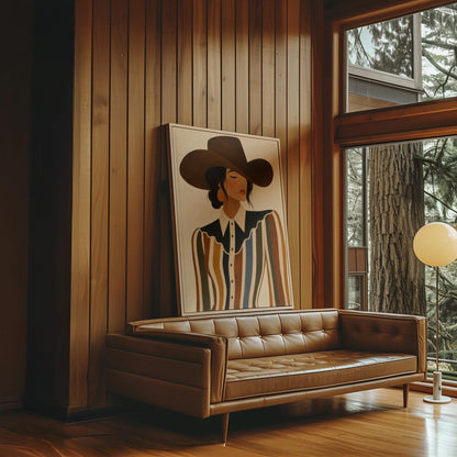 Cowgirl in a brown hat and rippling striped blouse with a black collar on cream, canvas wall art seen in a warm interior with natural light
