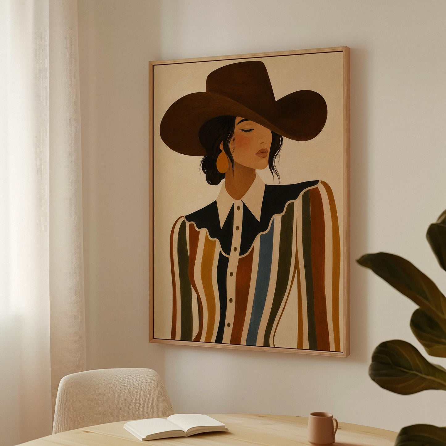 Cowgirl in a brown hat and rippling striped blouse with a black collar on cream, canvas wall art presented in a light, minimal room
