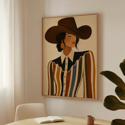 Cowgirl in a brown hat and rippling striped blouse with a black collar on cream, canvas wall art presented in a light, minimal room
