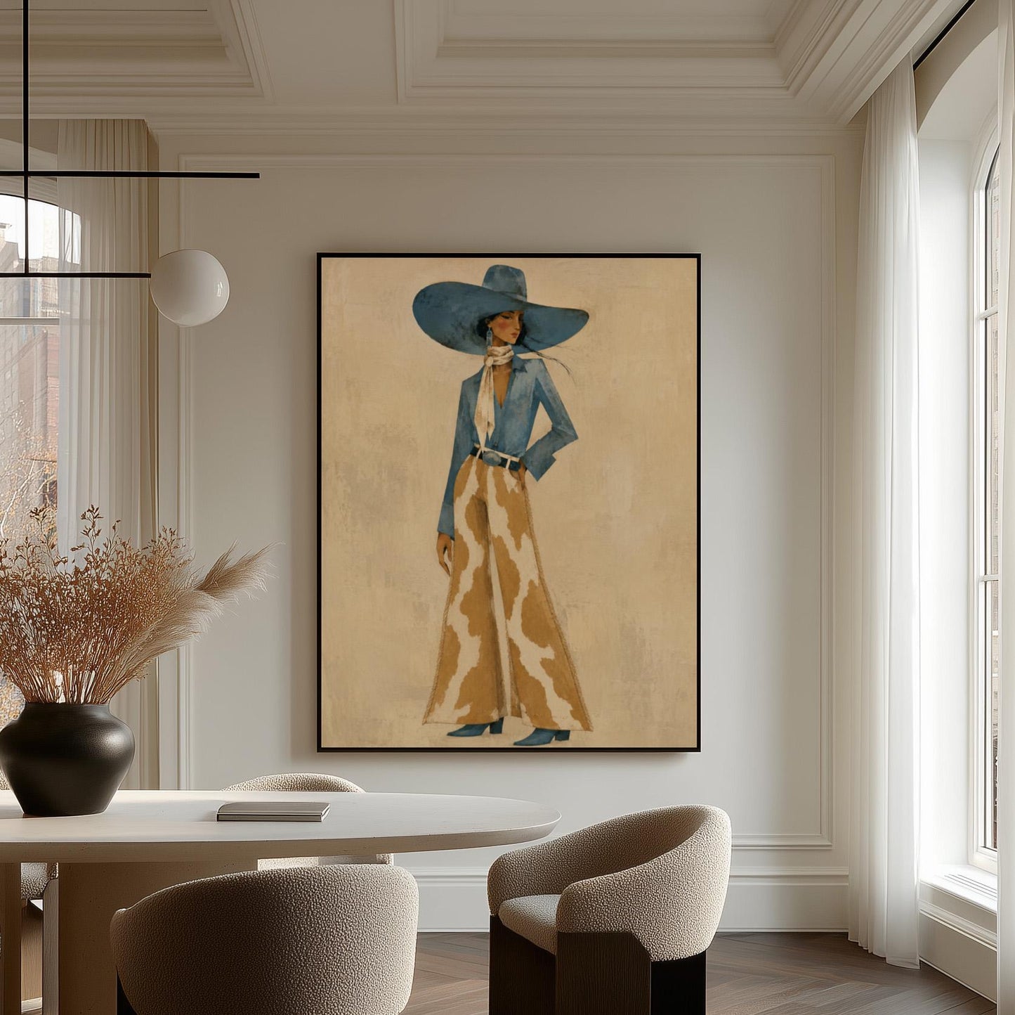 Full-figure cowgirl in a blue hat, denim shirt and cow-print flared pants on cream, canvas print styled against a soft white wall