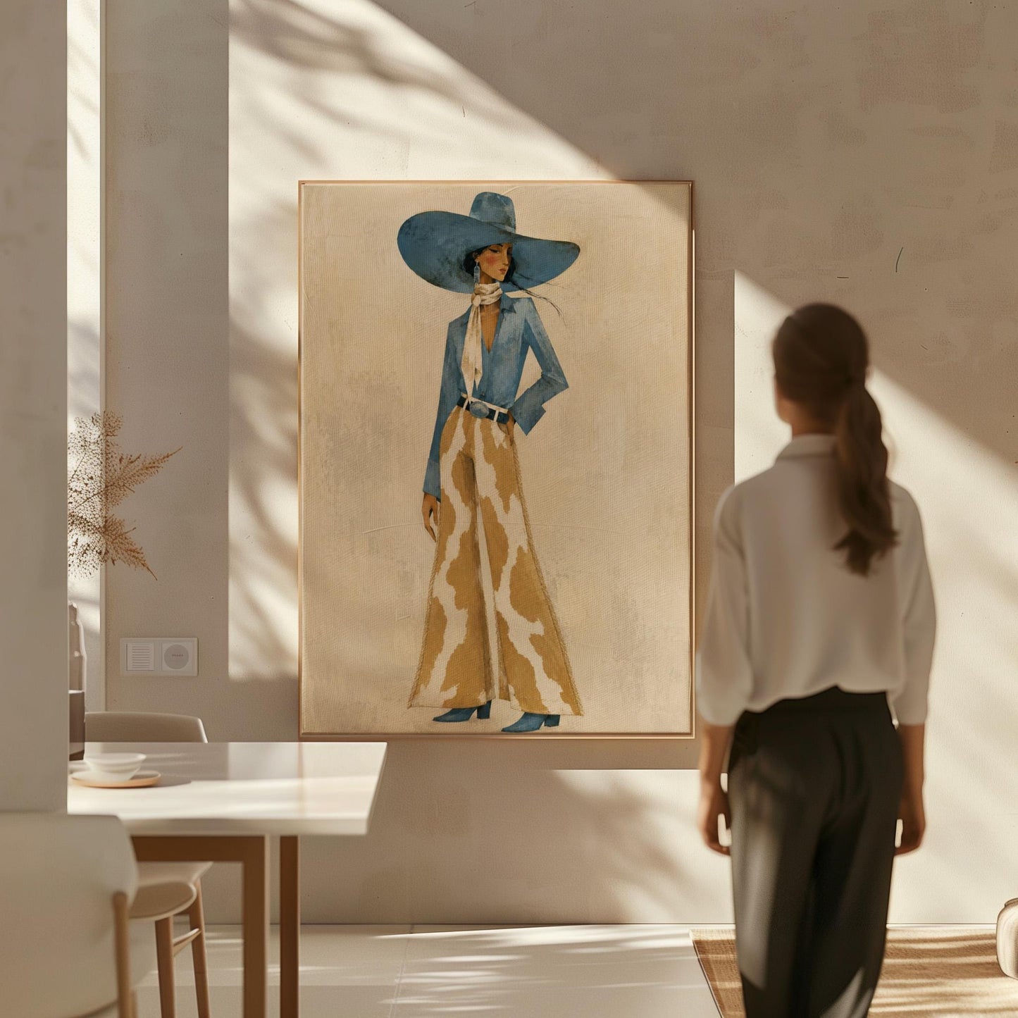 Full-figure cowgirl in a blue hat, denim shirt and cow-print flared pants on cream, canvas print shown in a sunlit, contemporary room