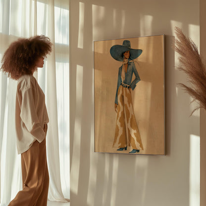 Full-figure cowgirl in a blue hat, denim shirt and cow-print flared pants on cream, canvas wall art presented in a light, minimal room