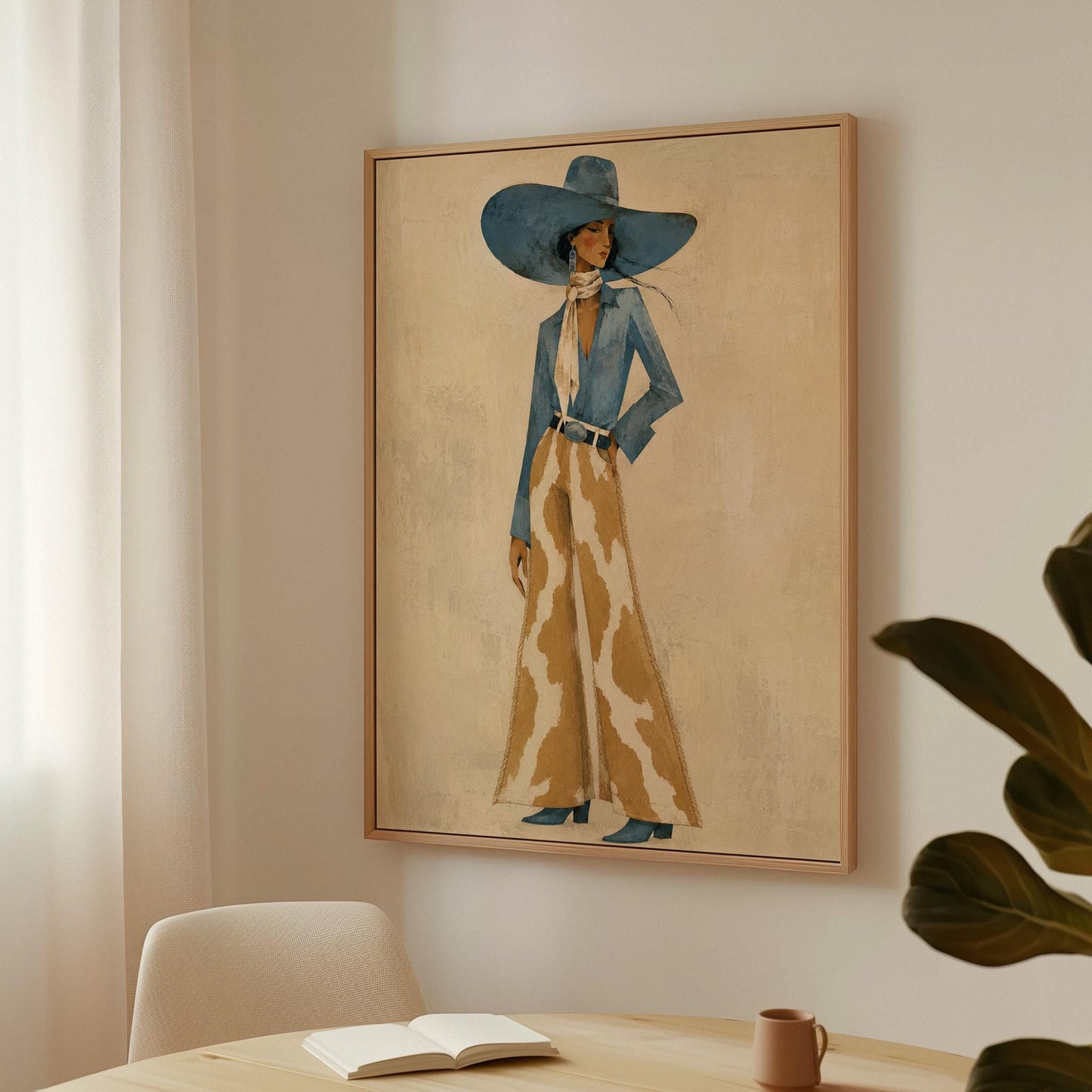 Full-figure cowgirl in a blue hat, denim shirt and cow-print flared pants on cream, canvas print on a quiet wall in a considered interior