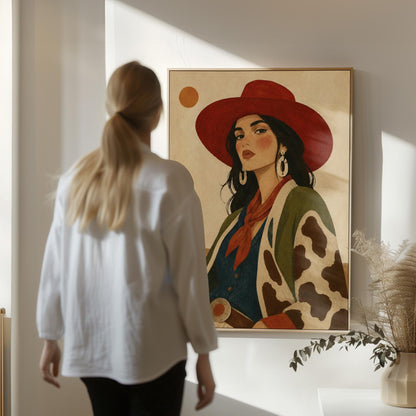 Dark-haired cowgirl in a red hat and cow-print jacket before a desert cactus, canvas print hanging in a calm, modern living space