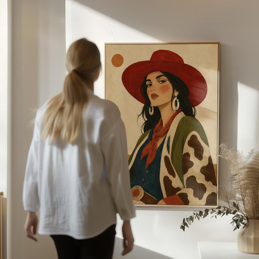 Dark-haired cowgirl in a red hat and cow-print jacket before a desert cactus, canvas print hanging in a calm, modern living space