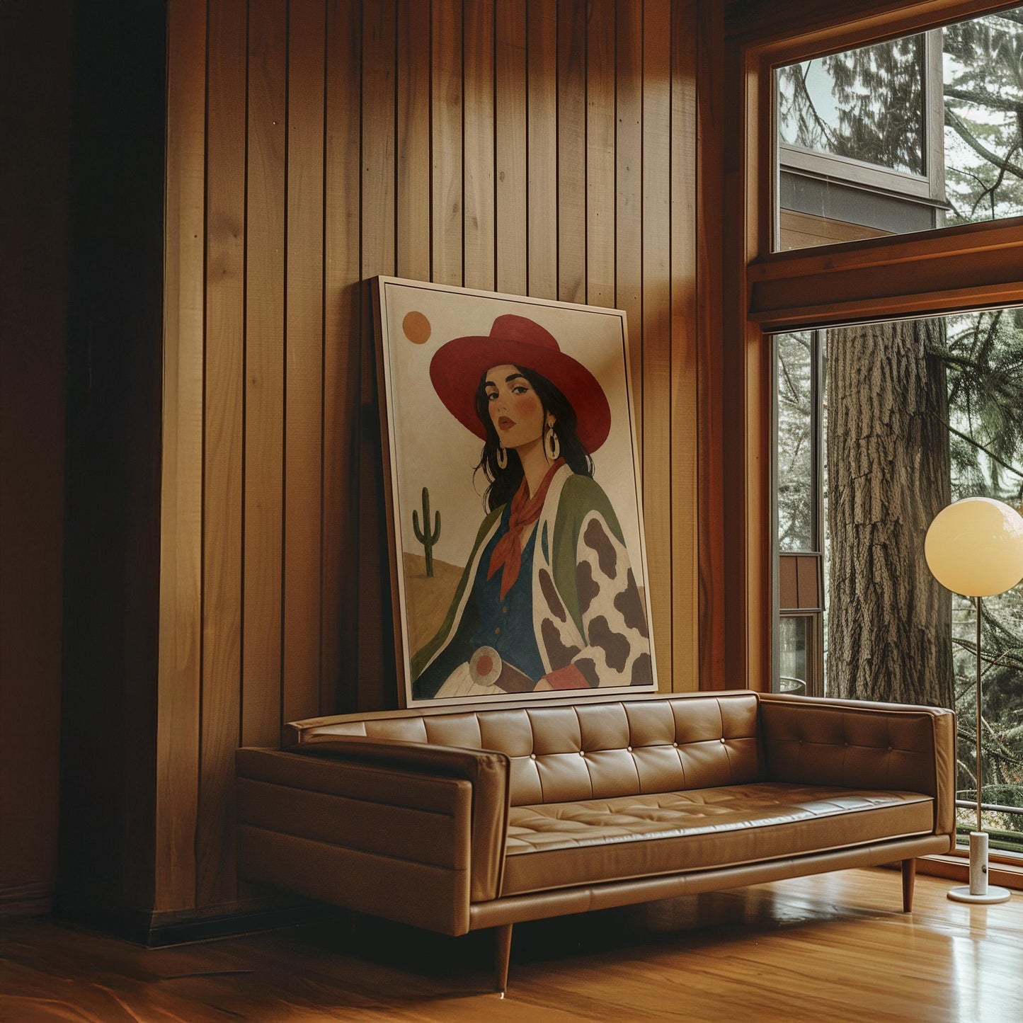 Dark-haired cowgirl in a red hat and cow-print jacket before a desert cactus, canvas print presented in a light, minimal room