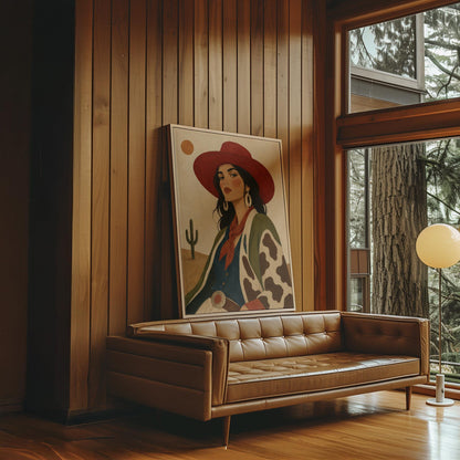Dark-haired cowgirl in a red hat and cow-print jacket before a desert cactus, canvas print presented in a light, minimal room
