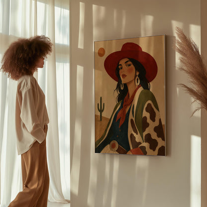 Dark-haired cowgirl in a red hat and cow-print jacket before a desert cactus, canvas print on a quiet wall in a considered interior