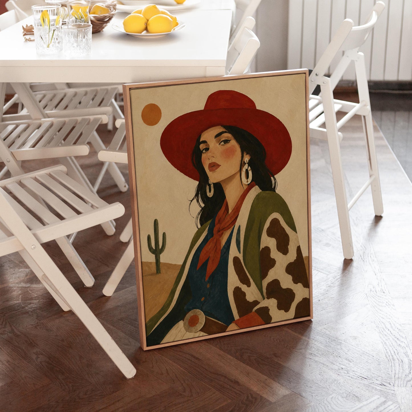 Dark-haired cowgirl in a red hat and cow-print jacket before a desert cactus, canvas wall art seen in a warm interior with natural light