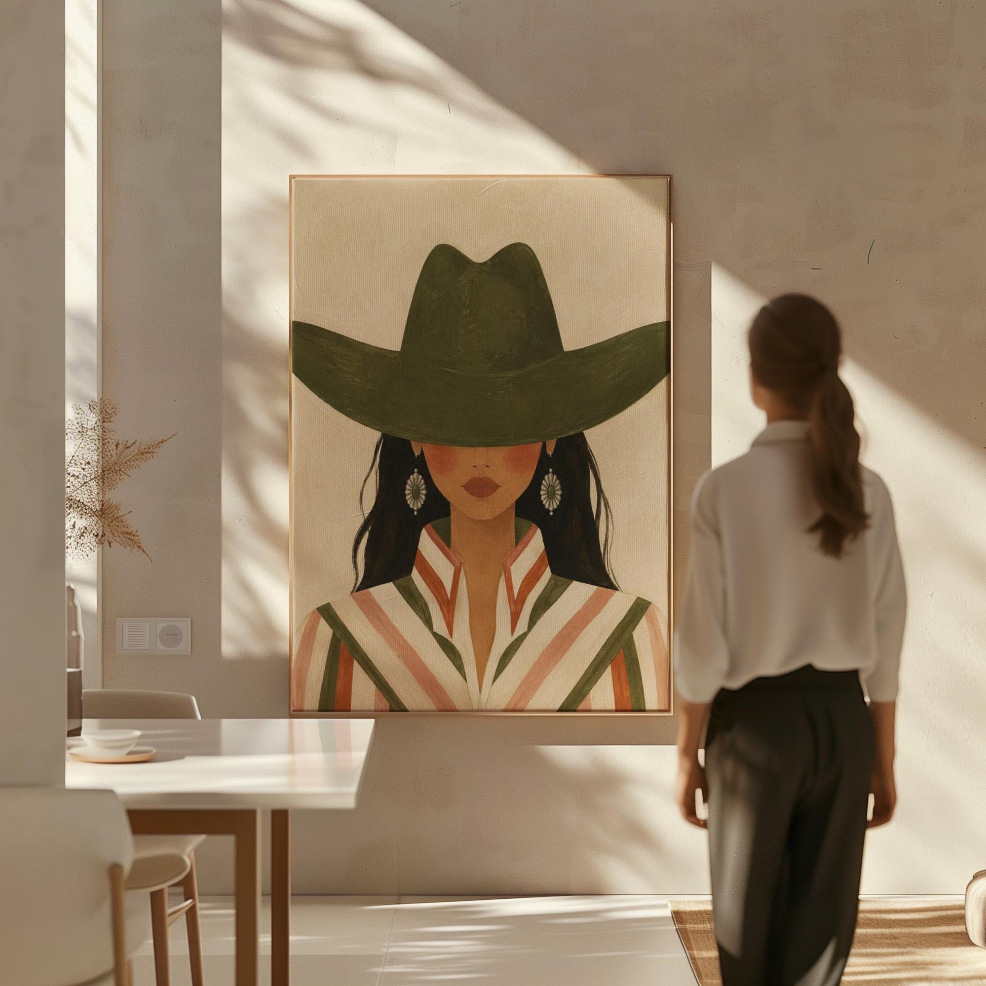 Cowgirl under a deep green hat with concho earrings and a striped western shirt, canvas print hanging in a calm, modern living space