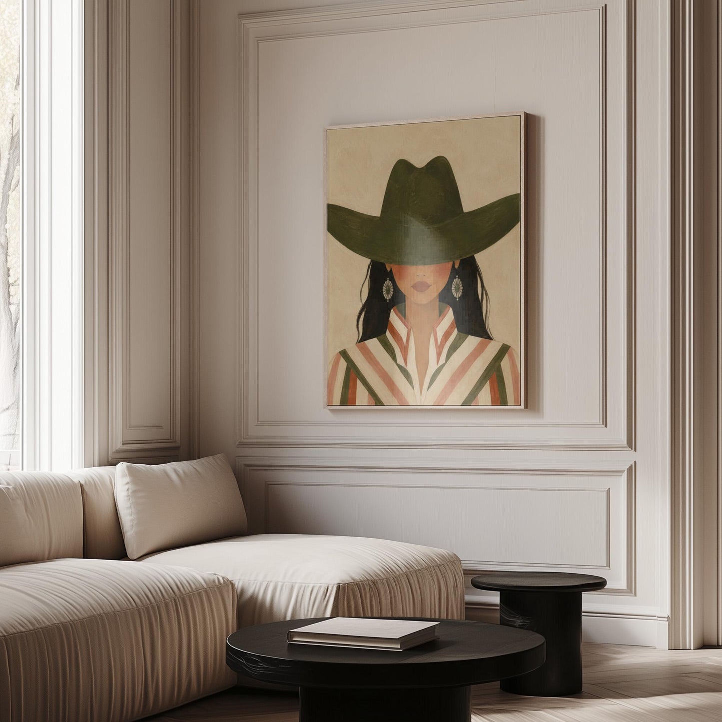 Cowgirl under a deep green hat with concho earrings and a striped western shirt, canvas print seen in a warm interior with natural light