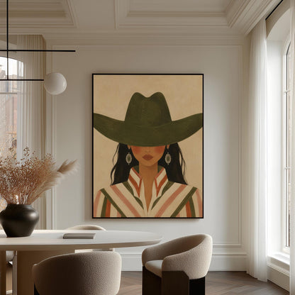 Cowgirl under a deep green hat with concho earrings and a striped western shirt, canvas print presented in a light, minimal room
