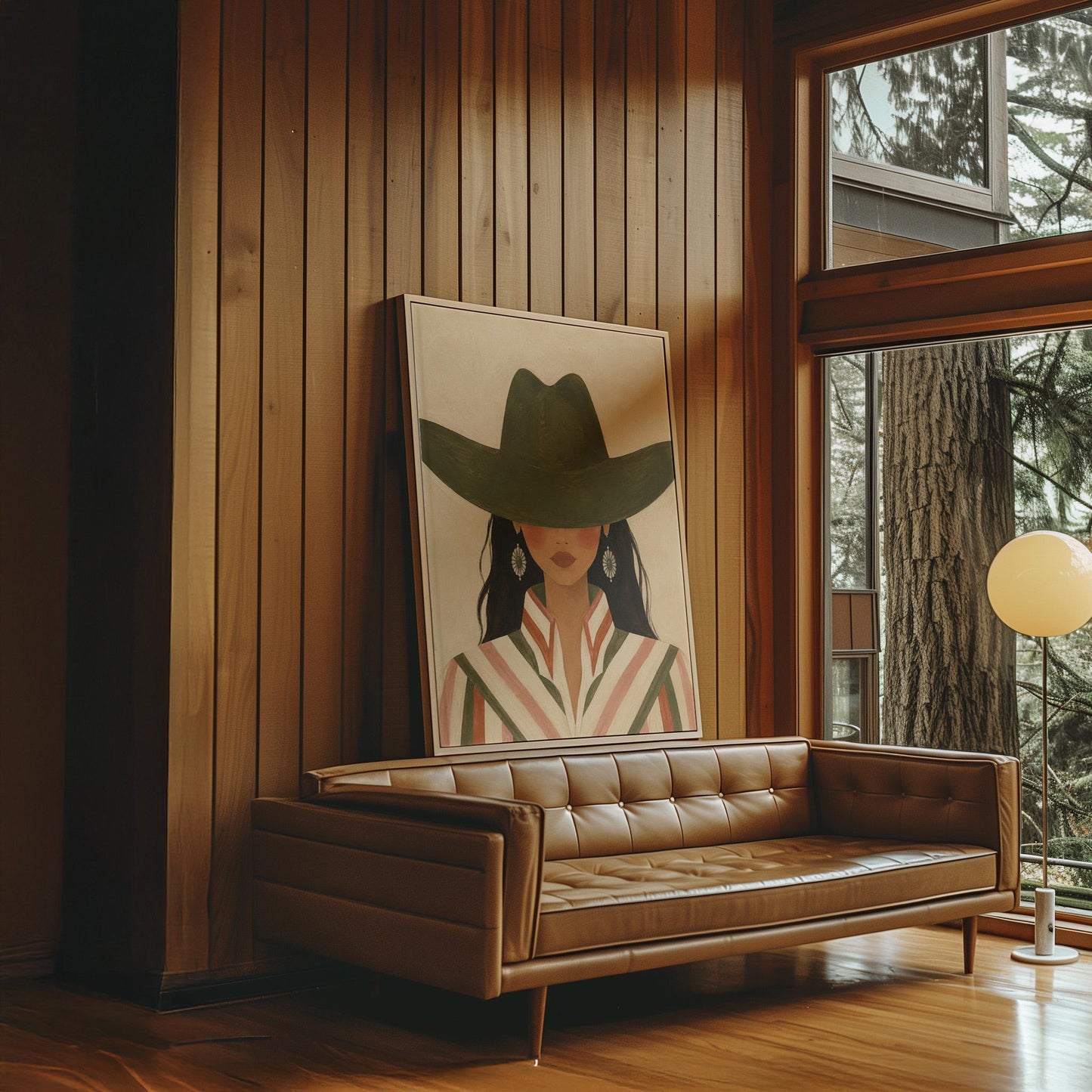 Cowgirl under a deep green hat with concho earrings and a striped western shirt, canvas print shown in a sunlit, contemporary room